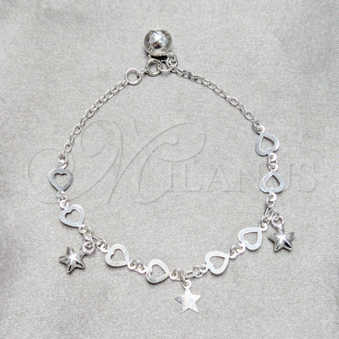 Pulsera de Dije 03.409.0158.07 Plata Rodinada, Diseño de Estrella y Corazón, Pulido, Tono Plateado (Grosor 03 MM, 7 Pulgadas de Largo)