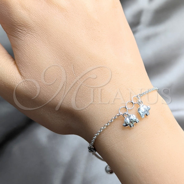 Pulsera de Dije 03.409.0159.07 Plata Rodinada, Diseño de Elefante y Sol, Pulido, Tono Plateado (Grosor 03 MM, 7 Pulgadas de Largo)