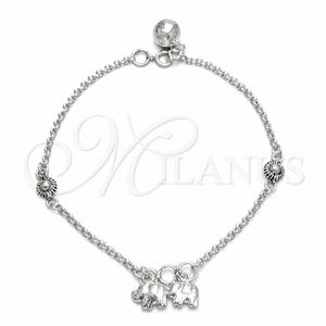 Pulsera de Dije 03.409.0159.07 Plata Rodinada, Diseño de Elefante y Sol, Pulido, Tono Plateado (Grosor 03 MM, 7 Pulgadas de Largo)