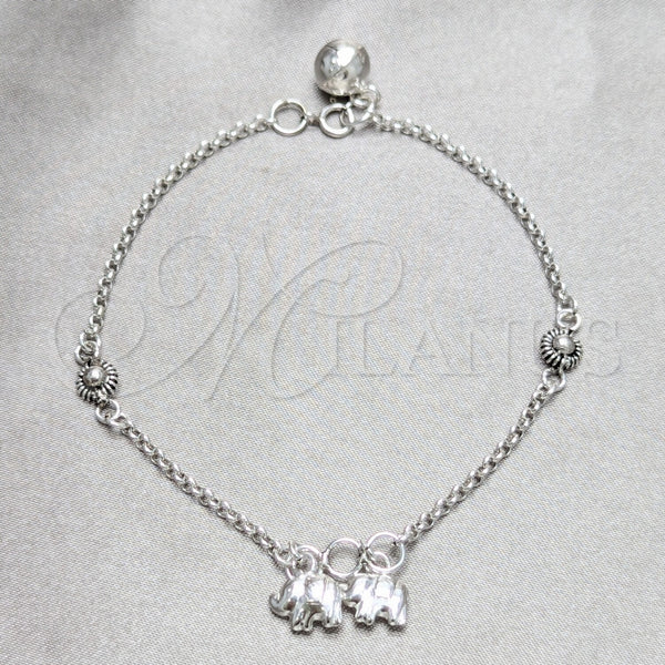 Pulsera de Dije 03.409.0159.07 Plata Rodinada, Diseño de Elefante y Sol, Pulido, Tono Plateado (Grosor 03 MM, 7 Pulgadas de Largo)