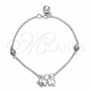 Pulsera de Dije 03.409.0159.07 Plata Rodinada, Diseño de Elefante y Sol, Pulido, Tono Plateado (Grosor 03 MM, 7 Pulgadas de Largo)