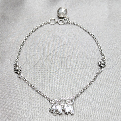 Pulsera de Dije 03.409.0159.07 Plata Rodinada, Diseño de Elefante y Sol, Pulido, Tono Plateado (Grosor 03 MM, 7 Pulgadas de Largo)