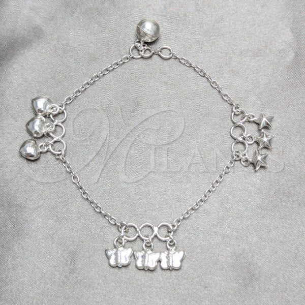 Pulsera de Dije 03.409.0164.07 Plata Rodinada, Diseño de Mariposa y Estrella, Pulido, Tono Plateado (Grosor 03 MM, 7 Pulgadas de Largo)