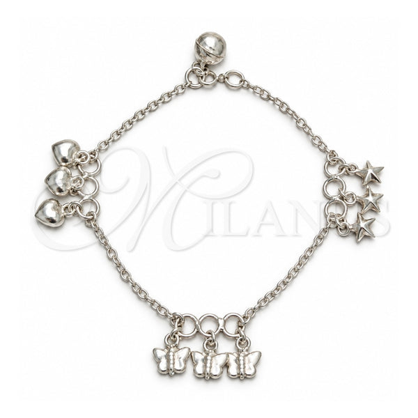 Pulsera de Dije 03.409.0164.07 Plata Rodinada, Diseño de Mariposa y Estrella, Pulido, Tono Plateado (Grosor 03 MM, 7 Pulgadas de Largo)