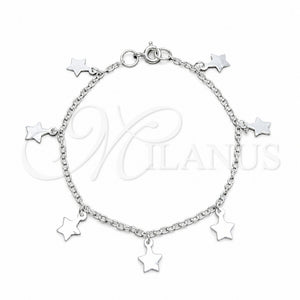 Pulsera de Dije 03.409.0165.07 Plata Rodinada, Diseño de Estrella, Pulido, Tono Plateado (Grosor 03 MM, 7 Pulgadas de Largo)