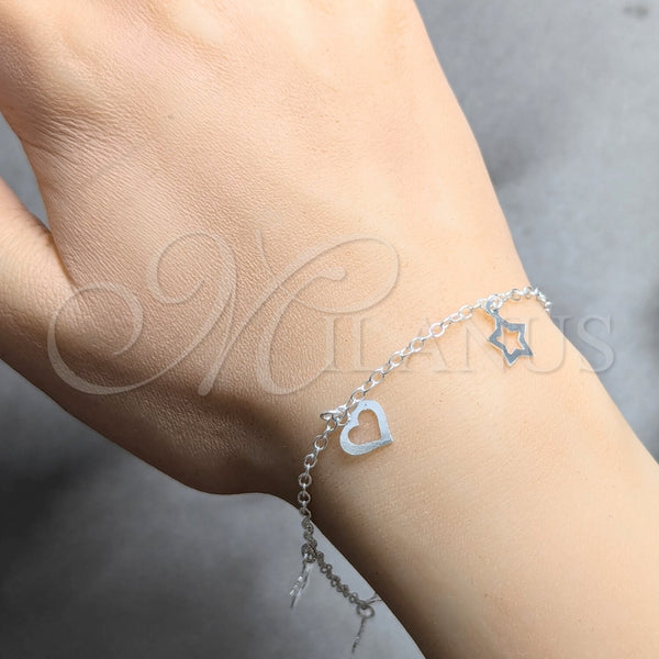 Pulsera de Dije 03.409.0169.07 Plata Rodinada, Diseño de Estrella y Corazón, Pulido, Tono Plateado (Grosor 03 MM, 7 Pulgadas de Largo)