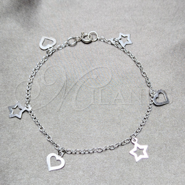 Pulsera de Dije 03.409.0169.07 Plata Rodinada, Diseño de Estrella y Corazón, Pulido, Tono Plateado (Grosor 03 MM, 7 Pulgadas de Largo)