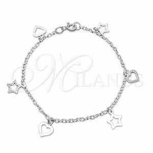 Pulsera de Dije 03.409.0169.07 Plata Rodinada, Diseño de Estrella y Corazón, Pulido, Tono Plateado (Grosor 03 MM, 7 Pulgadas de Largo)