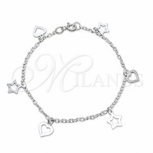 Pulsera de Dije 03.409.0169.07 Plata Rodinada, Diseño de Estrella y Corazón, Pulido, Tono Plateado (Grosor 03 MM, 7 Pulgadas de Largo)