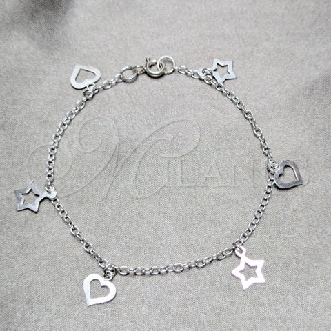 Pulsera de Dije 03.409.0169.07 Plata Rodinada, Diseño de Estrella y Corazón, Pulido, Tono Plateado (Grosor 03 MM, 7 Pulgadas de Largo)