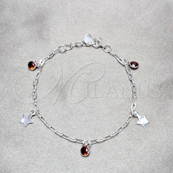 Pulsera de Dije 03.409.0171.07 Plata Rodinada, Diseño de Estrella, con Zirconia Cubica Granate, Pulido, Tono Plateado (Grosor 03 MM, 7 Pulgadas de Largo)