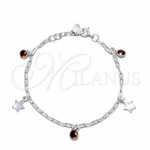 Pulsera de Dije 03.409.0171.07 Plata Rodinada, Diseño de Estrella, con Zirconia Cubica Granate, Pulido, Tono Plateado (Grosor 03 MM, 7 Pulgadas de Largo)