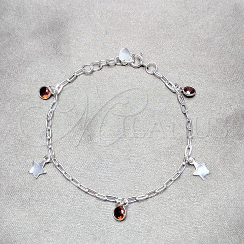 Pulsera de Dije 03.409.0171.07 Plata Rodinada, Diseño de Estrella, con Zirconia Cubica Granate, Pulido, Tono Plateado (Grosor 03 MM, 7 Pulgadas de Largo)