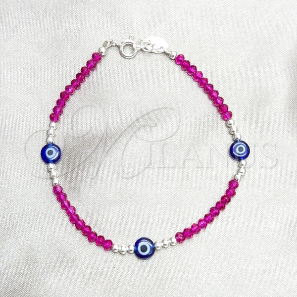 Pulsera Elegante 03.409.0183.07 Plata Rodinada, Diseño de Bola y Ojo Griego, con Cristal Fuchsia, Pulido, Tono Plateado (Grosor 03 MM, 7 Pulgadas de Largo)