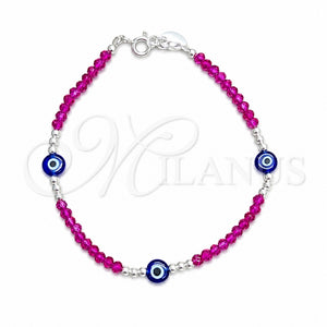 Pulsera Elegante 03.409.0183.07 Plata Rodinada, Diseño de Bola y Ojo Griego, con Cristal Fuchsia, Pulido, Tono Plateado (Grosor 03 MM, 7 Pulgadas de Largo)