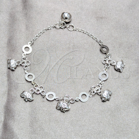Pulsera de Dije 03.409.0186.07 Plata Rodinada, Diseño de Elefante, Pulido, Tono Plateado (Grosor 03 MM, 7 Pulgadas de Largo)