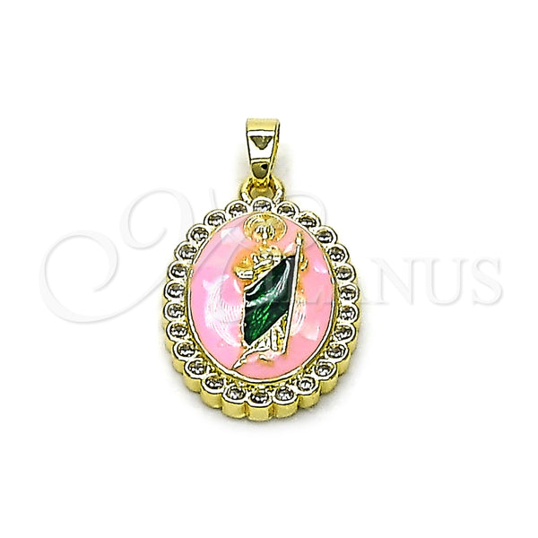 Dije Religioso 05.284.0017.1 Oro Laminado, Diseño de San Judas, con Blanca Zirconia Cubica, Esmaltado Rosado, Dos Tonos