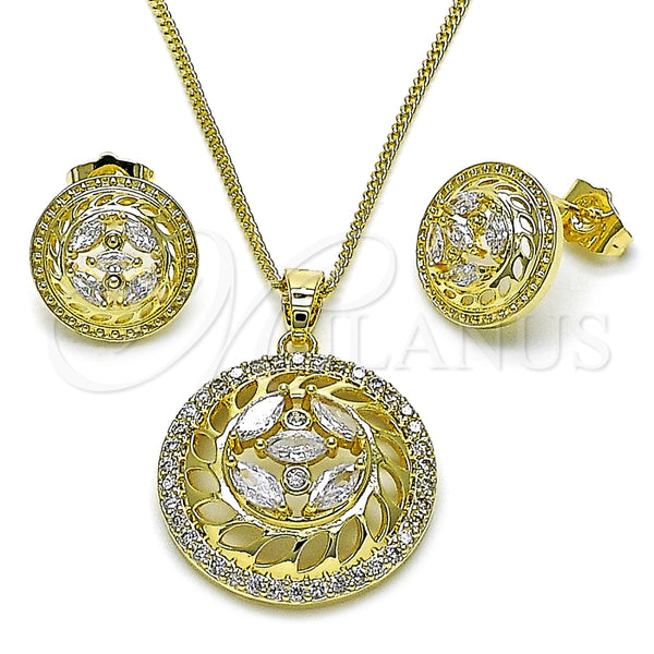 Juego de Arete y Dije de Adulto 10.210.0182 Oro Laminado, Diseño de Flor, con Blanca Zirconia Cubica, Pulido, Tono Dorado