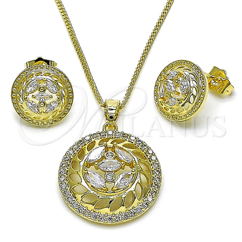 Juego de Arete y Dije de Adulto 10.210.0182 Oro Laminado, Diseño de Flor, con Blanca Zirconia Cubica, Pulido, Tono Dorado