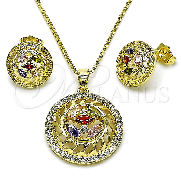 Juego de Arete y Dije de Adulto 10.210.0182.3 Oro Laminado, Diseño de Flor, con Multicolor and Blanca Zirconia Cubica, Pulido, Tono Dorado