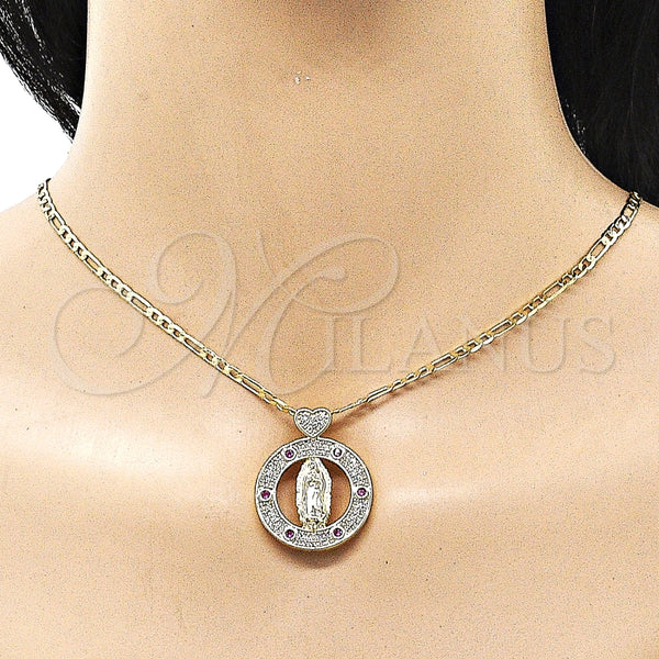 Collares con Dije 04.253.0025.20 Oro Laminado, Diseño de Guadalupe y Corazón, con Rubi Zirconia Cubica and Blanca Micro Pave, Pulido, Tono Dorado (03 MM Thickness, 20 Inches Length)