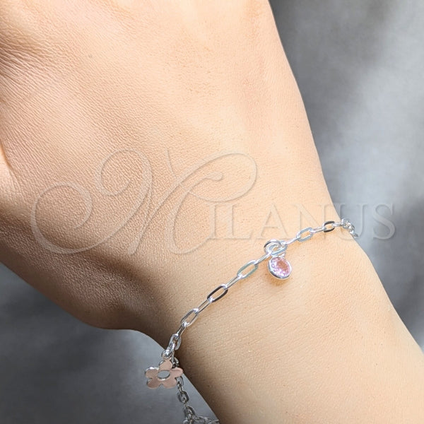 Pulsera de Dije 03.409.0174.07 Plata Rodinada, Diseño de Flor, con Zirconia Cubica Rosado, Pulido, Tono Plateado (Grosor 04 MM, 7 Pulgadas de Largo)
