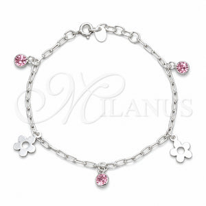 Pulsera de Dije 03.409.0174.07 Plata Rodinada, Diseño de Flor, con Zirconia Cubica Rosado, Pulido, Tono Plateado (Grosor 04 MM, 7 Pulgadas de Largo)
