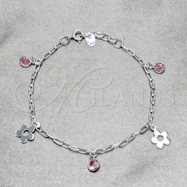 Pulsera de Dije 03.409.0174.07 Plata Rodinada, Diseño de Flor, con Zirconia Cubica Rosado, Pulido, Tono Plateado (Grosor 04 MM, 7 Pulgadas de Largo)