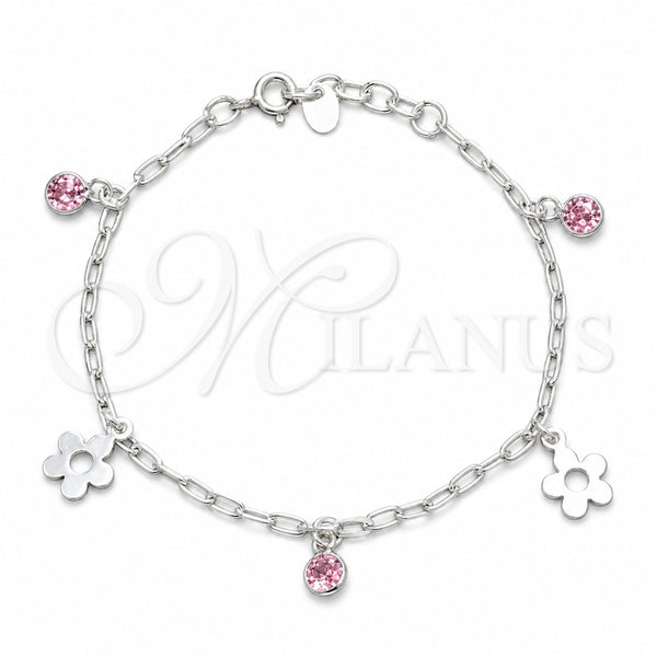 Pulsera de Dije 03.409.0174.07 Plata Rodinada, Diseño de Flor, con Zirconia Cubica Rosado, Pulido, Tono Plateado (Grosor 04 MM, 7 Pulgadas de Largo)