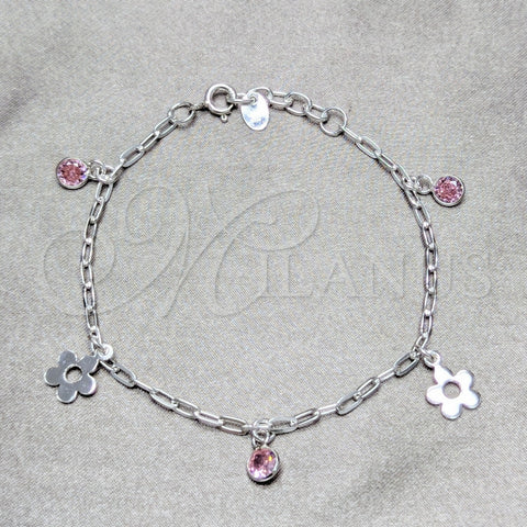Pulsera de Dije 03.409.0174.07 Plata Rodinada, Diseño de Flor, con Zirconia Cubica Rosado, Pulido, Tono Plateado (Grosor 04 MM, 7 Pulgadas de Largo)