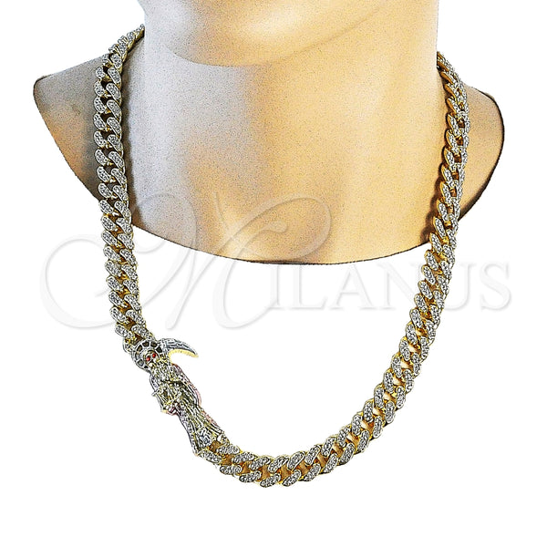 Gargantilla Elegante 04.253.0028.24 Oro Laminado, Diseño de Miami Cubana y Santa Muerte, con Blanca Cristal, Pulido, Tres Tonos (12 MM Thickness, 24 Inches Length)