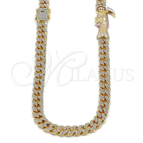 Gargantilla Elegante 04.253.0028.24 Oro Laminado, Diseño de Miami Cubana y Santa Muerte, con Blanca Cristal, Pulido, Tres Tonos (12 MM Thickness, 24 Inches Length)
