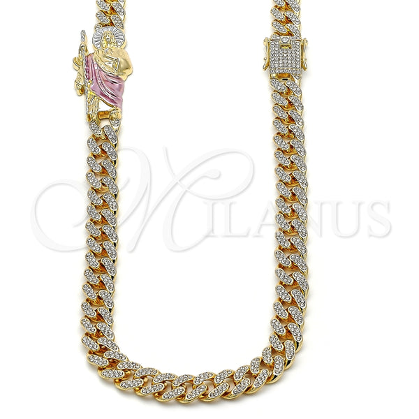 Gargantilla Elegante 04.253.0029.24 Oro Laminado, Diseño de San Judas y Miami Cubana, con Blanca Cristal, Pulido, Tono Dorado (12 MM Thickness, 24 Inches Length)