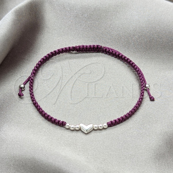 Pulsera Bolo Ajustable 03.426.0003.1.07 Plata Rodinada, Diseño de Bola y Corazón, Algodón, Tono Plateado (Grosor 06 MM, 7 Pulgadas de Largo)