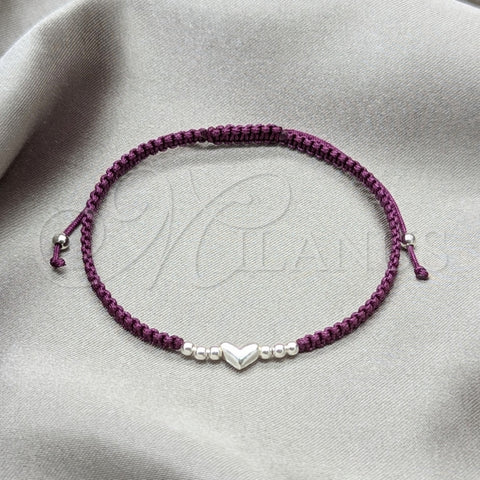 Pulsera Bolo Ajustable 03.426.0003.1.07 Plata Rodinada, Diseño de Bola y Corazón, Algodón, Tono Plateado (Grosor 06 MM, 7 Pulgadas de Largo)