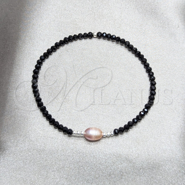 Pulsera Elegante 03.426.0020.07 Plata Rodinada, Diseño de Bola, con Perla Rose Water Opal y Cristal Negro, Pulido Azul, Tono Plateado (Grosor 07 MM, 7 Pulgadas de Largo)