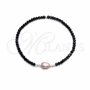Pulsera Elegante 03.426.0020.07 Plata Rodinada, Diseño de Bola, con Perla Rose Water Opal y Cristal Negro, Pulido Azul, Tono Plateado (Grosor 07 MM, 7 Pulgadas de Largo)