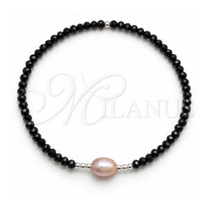Pulsera Elegante 03.426.0020.07 Plata Rodinada, Diseño de Bola, con Perla Rose Water Opal y Cristal Negro, Pulido Azul, Tono Plateado (Grosor 07 MM, 7 Pulgadas de Largo)