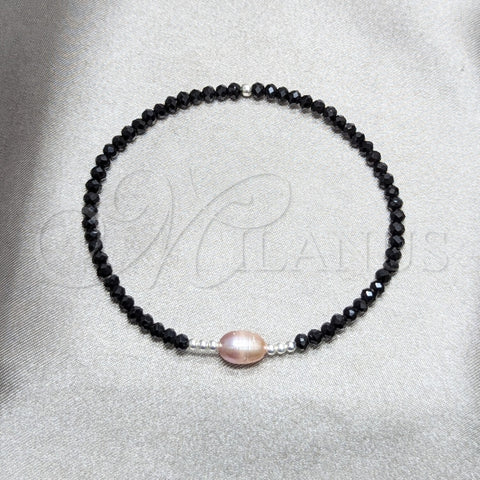Pulsera Elegante 03.426.0020.07 Plata Rodinada, Diseño de Bola, con Perla Rose Water Opal y Cristal Negro, Pulido Azul, Tono Plateado (Grosor 07 MM, 7 Pulgadas de Largo)