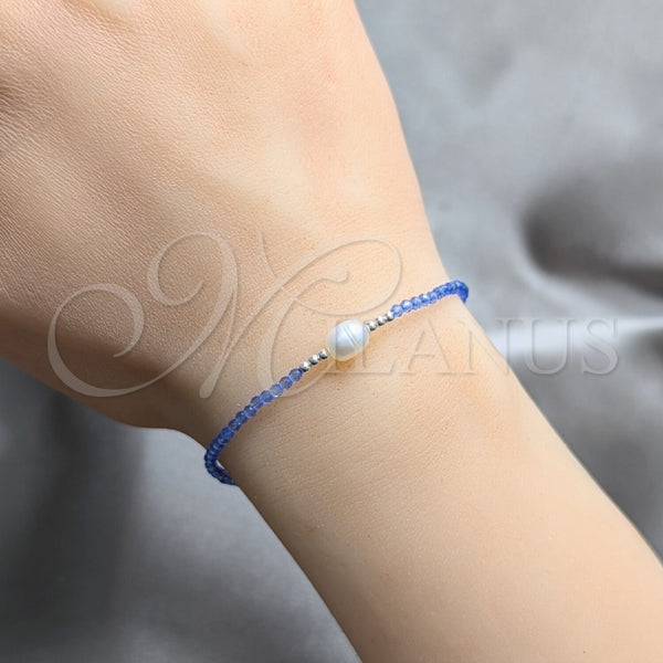 Pulsera Elegante 03.426.0021.07 Plata Rodinada, Diseño de Bola, con Cristal Zafiro Azul y Perla Blanca, Pulido, Tono Plateado (Grosor 07 MM, 7 Pulgadas de Largo)