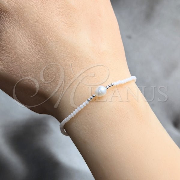Pulsera Elegante 03.426.0021.1.07 Plata Rodinada, Diseño de Bola, con Cristal Blanca y Perla Blanca, Pulido, Tono Plateado (Grosor 07 MM, 7 Pulgadas de Largo)