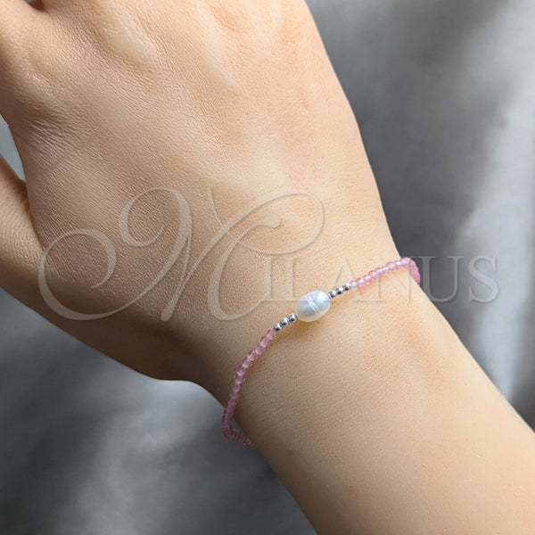 Pulsera Elegante 03.426.0021.2.07 Plata Rodinada, Diseño de Bola, con Cristal Rosado y Perla Blanca, Pulido, Tono Plateado (Grosor 07 MM, 7 Pulgadas de Largo)