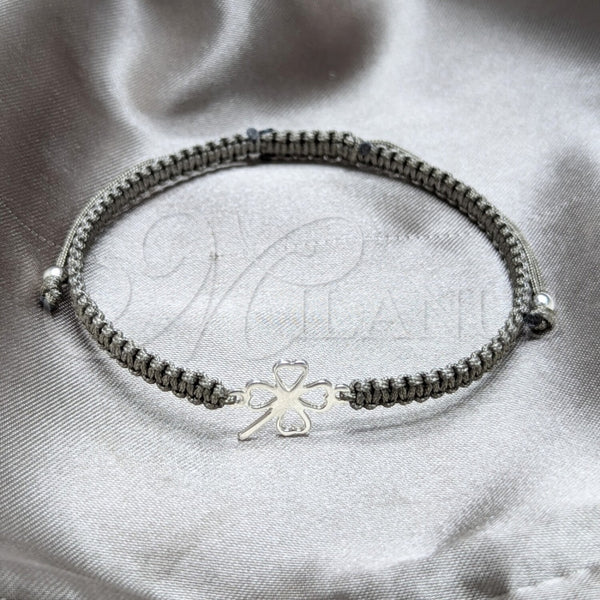 Pulsera Bolo Ajustable 03.426.0026.07 Plata Rodinada, Diseño de Trébol de Cuatro Hojas y Bola, Algodón, Tono Plateado (Grosor 08 MM, 7 Pulgadas de Largo)
