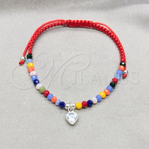Pulsera Bolo Ajustable 03.426.0032.1.07 Plata Rodinada, Diseño de Bola y Corazón, con Cristal Multicolor y Zirconia Cubica Blanca, Pulido, Tono Plateado (Grosor 04 MM, 7 Pulgadas de Largo)