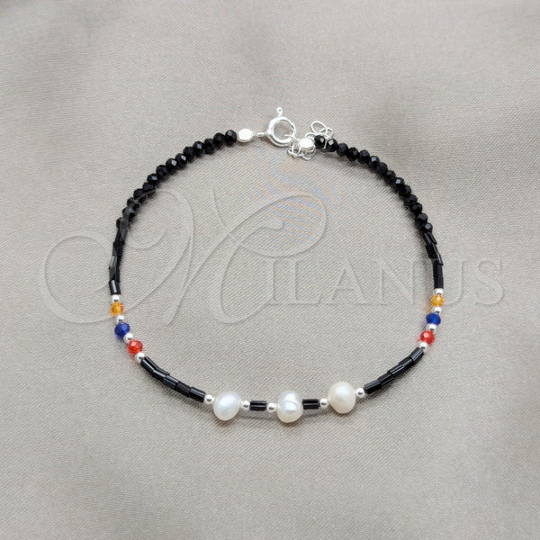 Pulsera Elegante 03.426.0047.07 Plata Rodinada, Diseño de Bola, con Perla Blanca y Cristal Multicolor, Pulido, Tono Plateado (Grosor 05 MM, 7 Pulgadas de Largo)