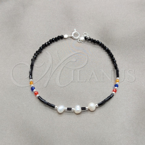 Pulsera Elegante 03.426.0047.07 Plata Rodinada, Diseño de Bola, con Perla Blanca y Cristal Multicolor, Pulido, Tono Plateado (Grosor 05 MM, 7 Pulgadas de Largo)