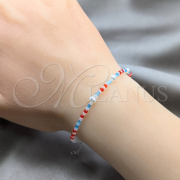 Pulsera Elegante 03.426.0050.07 Plata Rodinada, Diseño de Bola, con Perla Blanca y Cristal Rojo Naranja, Pulido, Tono Plateado (Grosor 04 MM, 7 Pulgadas de Largo)