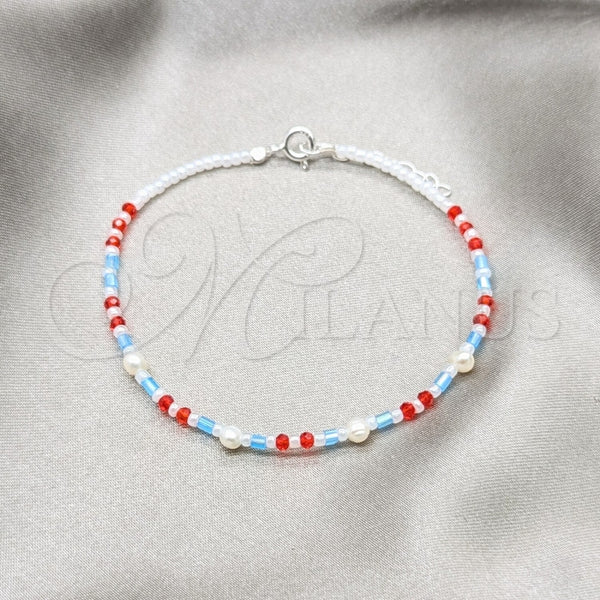 Pulsera Elegante 03.426.0050.07 Plata Rodinada, Diseño de Bola, con Perla Blanca y Cristal Rojo Naranja, Pulido, Tono Plateado (Grosor 04 MM, 7 Pulgadas de Largo)