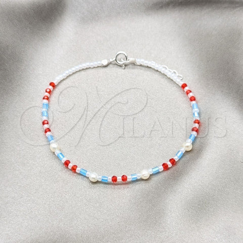 Pulsera Elegante 03.426.0050.07 Plata Rodinada, Diseño de Bola, con Perla Blanca y Cristal Rojo Naranja, Pulido, Tono Plateado (Grosor 04 MM, 7 Pulgadas de Largo)
