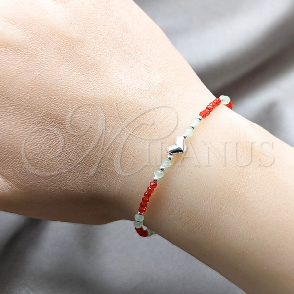 Pulsera Elegante 03.426.0051.1.07 Plata Rodinada, Diseño de Bola y Corazón, con Cristal Rojo Naranja y Aquamarine, Pulido, Tono Plateado (Grosor 04 MM, 7 Pulgadas de Largo)